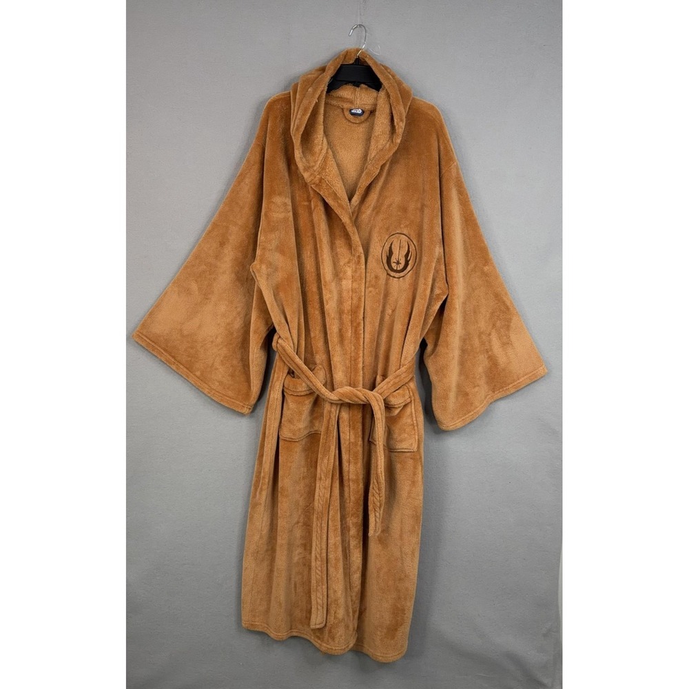 Star Wars Robe Mens Medium Brown Fleece Hooded Belted Jedi Logo Sleepwear Lounge